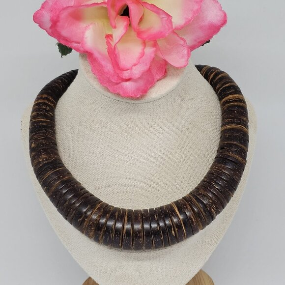 Chunky Graduated Brown Wood Disc Beaded Statement Bohemian Necklace 19" - Picture 12 of 12